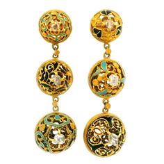 --Stone(s):-- (10) Natural Genuine Diamonds - Multiple Shapes, Rose & Portrait Cut - Prong Set  Material: Solid 14-18k Yellow Gold w/ Blue & Black Enamel Work Weight: 18.40 Grams Width: 14.5mm (0.57") (widest area at the dangle) - 11mm (0.43")(at the top portion) Overall Height: 47.4mm (1.8")  Thickness: 7.1mm projection off the ear (top portion), 15.6mm (at the dangle) Backing: Posts w/ Butterfly Closures Condition: Vintage. Shows some light wear. Original finish & patina preserved. Excellent c Antique Yellow Gold Jewelry With Meenakari, Yellow Gold Enamel Dangle Earrings, Formal Jeweled Enamel Jewelry, Yellow Gold Enamel Dangle Jewelry, Yellow Gold Enamel Jewelry, Round Jeweled Enamel Jewelry, Yellow Gold Jeweled Drop Earrings, Fine Jewelry Enamel Earrings For Formal Occasions, Formal Fine Jewelry Enamel Earrings