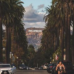 a man riding a bike down a street next to tall palm trees and a hollywood sign