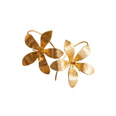 The elegant Amani earrings are beautifully crafted in a flower cut with a gorgeous gold plating finish.  Style Tip: Pair these with a solid black top and jeans for a night out or dress it up for a wedding with any solid colored dress! Material: Brass metal, 21 karat gold plated with lacquer coating No stopper required.  Our jewelry is handmade. Please note while pieces may be adjustable they are delicate in nature and must be adjusted gently. Gold Chic Flower Earrings, Chic Gold Flower Earrings For Wedding, Gold Flower-shaped Earrings For Festive Occasions, Gold Hoop Earrings For Spring Wedding, Gold Flower Earrings For Party, Spring Wedding Gold Hoop Earrings, Gold Plated Flower Earrings For Party, Gold-plated Flower Earrings For Party, Gold Plated Flower Shaped Party Earrings