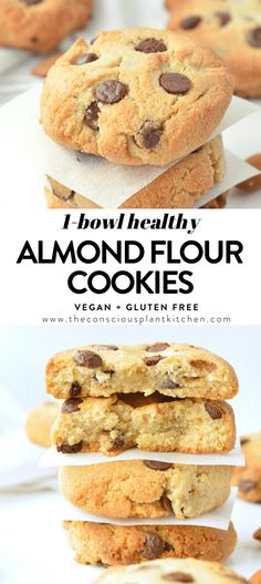 chocolate chip cookies stacked on top of each other with the words i have healthy almond flour cookies