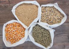 four bags filled with grains on top of a wooden table