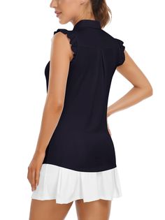 Swing with Your Style Sleeveless Golf Tops For Summer, Summer Golf Tops With Stretch, Summer Golf Stretch Tops, Summer Stretch Golf Tops, Summer Stretch Tops For Golf, Navy Tops For Summer Golf, Elegant Navy Sleeveless Top, Sleeveless Summer Golf Tops, Collared Tops With 4-way Stretch For Golf