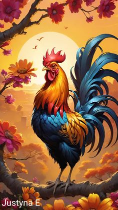 a rooster standing on top of a tree branch in front of a sun and flowers