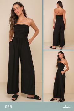 From casual occasions to upscale events, the LUSH Flirty Posture Black Jersey Knit Strapless Jumpsuit is ready for anything! Soft and stretchy jersey knit shapes this covetable jumpsuit that has a strapless bodice with a straight neckline. Flattering ruched details at the sides continue down to a fitted waist. Wide legs have side-seam pockets and end at full-length hems. Fit: This garment fits true to size. Length: Floor length. Size medium measures 48.5" from top to bottom. Inseam: 28.00 Front Strapless Stretch Jumpsuit For Date Night, Strapless Jumpsuits And Rompers For Date Night, Strapless Solid Jumpsuits And Rompers For Date Night, Elegant Strapless Jumpsuits And Rompers For Day Out, Casual Strapless Jumpsuit For Evening In Spring, Casual Strapless Jumpsuit For Spring Evenings, Chic Strapless Bandeau Jumpsuit, Chic Solid Color Bandeau Strapless Jumpsuit, Chic Bandeau Strapless Jumpsuit