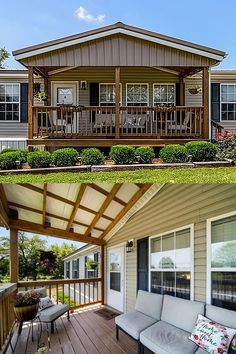 before and after pictures of a house with porch, covered patio, and back deck