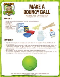 the instructions for making a bouncy ball are shown in green and yellow colors