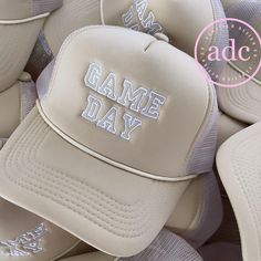 GAME DAY D E T A I L S 🤍Lightweight & durable, with adjustable back closure. 🤍Simple and comfortable hat for daily wear 🤍Pre - Curved Visor 🤍No returns or exchanges Check out our Etsy Shop for other lovely items: https://etsy.me/3AS3Kgd  W E B S I T E https://www.ashleighdesignco.com/  I N S T A G R A M  @ashleighdesignco  Join us on Instagram + tag us in a photo with your purchase to be featured on our page Cheap Snapback Hats For Game Day, White Summer Trucker Hat For Everyday, White Snapback Hat For Everyday Summer Wear, White Trucker Hat For Everyday Summer Use, White Snapback Hat For Everyday Spring Use, Trucker Hat Sayings, Funny Trucker Hat, Hat Bar, Custom Trucker Hats