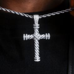 Introducing the Diamond Rope Cross Pendant in 14k White Gold, a GLD exclusive! Featuring hand-set stones in a twisted rope design, this piece is fully iced out and carefully crafted. Wear this pendant with our Rope Chain in 4mm to upgrade your look and make a statement! This product is guaranteed for life - GLD will repair the item should you experience any defects in craftsmanship or breakage. Specifications - 38mm x 50mm (Width x Height) - Bail: Fits up to 8.5mm Chains - Weight: (Weight can va Diamond Pendant With Rope Chain, Iced Out White Gold Cross Pendant Jewelry, White Gold Jewelry With Rope Chain And Cuban Link, White Gold Jewelry With Rope Chain In Cuban Link, Luxury Rope Chain Pendant Jewelry, White Diamond Jewelry With Rope Chain, White Gold Rope Chain Jewelry Gift, White Gold Rope Chain Jewelry As A Gift, Twisted White Gold Jewelry Gift