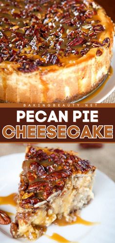 Look no further than the ULTIMATE Pecan Pie Cheesecake! Topped with a pecan pie filling, brown sugar cheesecake is the perfect Thanksgiving dessert idea. So decadent! Save this fall food recipe! Apple Pecan Pie Cheesecake, Paula Deen Cheesecake, Pecan Pie Alternative, Pecan Pie Cheesecake Recipe Easy, Different Cheesecake Recipes, Pecan Praline Cheesecake Recipe, No Bake Pecan Pie Cheesecake, Brownie Pecan Pie Ooey Gooey Butter Cake, Thanksgiving Cheesecake Recipes