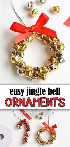 an easy christmas ornament craft made with bells and red ribbon on white background