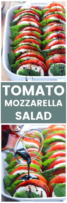 tomato mozzarella salad in a white casserole dish with the title above it