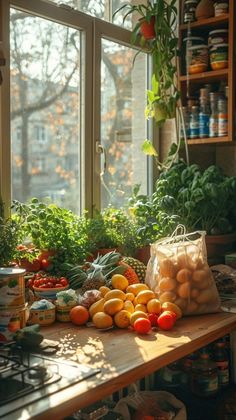 an assortment of fruits and vegetables sitting on a table in front of a large window