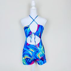 Blue & Pink Trippy Swirl Strappy Cut Out Keyhole Halter Romper Size M Nwot - Never Worn Can Be Used As A Rave/Festival Set Or Swimwear! Rave Set Outfit Festival Edc Punk Goth Grunge Hardware O-Ring Dark Alt Bass Festival Party Edm Costume Exotic Dance 5-15 Blue Backless Casual Swimwear, Casual Blue Backless Swimwear, Blue Sleeveless Swimwear With Tie Back, Sleeveless Blue Swimwear With Tie Back, Trendy Blue Halter Neck Swimwear, Casual Blue Swimwear With Tie Back, Casual Blue Tie-back Swimwear, Blue Rave Outfit, Pink Trippy