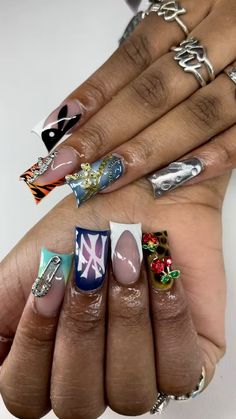 @toptierprincess Bobby Jack Nails, Mexico Cruise Nails, Ny Nails Design, Junk Nails Designs, Junk Nail Designs, Cute Short Nail Sets, Birthday Nail Set Ideas, Maximalist Nails, Mahogany Bay