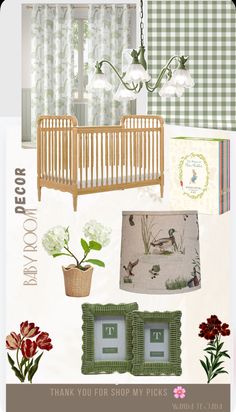 a baby's room is shown with green and white decor, including a crib