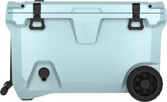 a white cooler with black handles and wheels on the bottom is shown in front of a white background