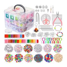 an assortment of crafting supplies including scissors, beads and other items