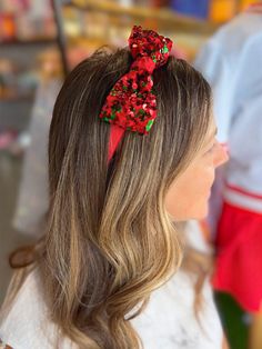 The cutest headband for Christmas! Adjustable Red Fun Headband, Red Adjustable Fun Headband, Adjustable Hair Accessories With Matching Headband For Festive Occasions, Adjustable Hair Accessories With Matching Headband For Festivities, Adjustable Headband For Holiday Festivities, Christmas Gift Hair Accessories With Matching Headband, Red Holiday Headband As A Gift, Red Holiday Headband As Gift, Red Christmas Holiday Headband