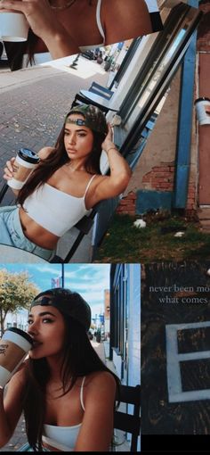 a woman sitting on top of a chair next to a building and holding a cup