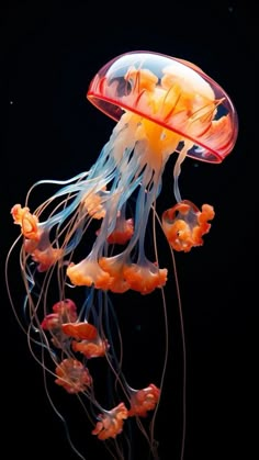 an orange and white jellyfish floating in the water