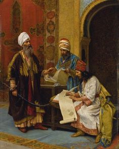 an old painting of two men sitting at a table with papers in front of them