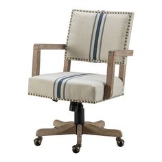 an office chair with wheels and a striped upholstered seat cushion on the back