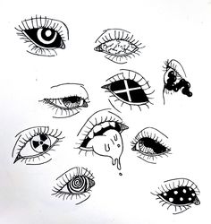 an ink drawing of many different types of eyes