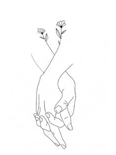 a drawing of two hands holding each other with flowers in the middle and one hand reaching out