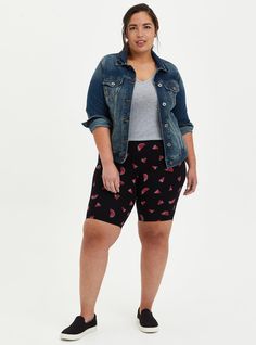 Our bike shorts have a thick waistband to hold you in and smooth you out, while the refreshing new length is short enough to be worn under your favorite dresses. Stretch knit fabric. High waist. Thick stretchy waistband. Watermelon print. Prevents leg chaffing. CONTENT + CARE Cotton/spandex. Wash cold; dry low. Imported plus size leggings. SIZE + FIT Model is 5’8” wearing size 1. . 9” inseam. The best plus size women's 9 inch signature waist bike short shorts in watermelon made of premium. Rock your look from Torrid to Festivals like Coachella and Lollapalooza, a concert, a show, or just for fun! Fitted Casual Athletic Shorts Mid-thigh Length, Fitted Mid-thigh Length Casual Athletic Shorts, Casual Fitted Mid-thigh Length Athletic Shorts, Casual Stretch Biker Shorts With Short Inseam, Spring Activewear With Built-in Knee-length Shorts, Spring Casual Athletic Shorts, Mid-thigh Length, Casual Mid-thigh Athletic Shorts For Spring, Casual Fitted Knee-length Biker Shorts, Fitted Mid-thigh Length Bermuda Shorts