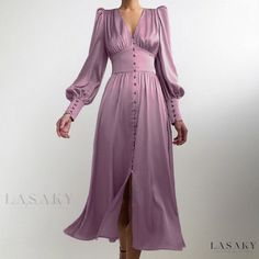 Lasaky - Elegant Tea Dress with Adjustable Waist and Sash Details Satin Long Dress, Elegant Bodycon Dress, Midi Dress Chic, Long Dresses Elegant, Satin Dress Long, Elegant Midi Dresses, Lantern Sleeve Dress, Evening Dress Fashion, Split Maxi Dress