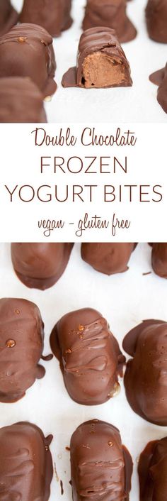 chocolate covered peanut butter frozen yogurt bites on a white surface with text overlay