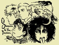 some black and white drawings of people with different hair styles on their heads, one is looking at the camera