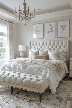 a bedroom with a bed, chandelier and pictures on the wall