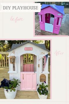 the diy play house is painted pink and has two potted plants in front of it