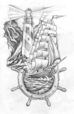 a drawing of a ship with a lighthouse in the background