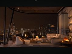 a living room filled with furniture next to a window covered in night time city lights