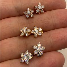 14k Yellow Gold, 14k Rose Gold And Rhodium Over Sterling Silver Earrings - Set Of 3, 5.00cts Hypoallergenic Flower Shaped Jewelry For Anniversary, Hypoallergenic Flower-shaped Jewelry For Anniversary, Dainty Cluster Jewelry For Gift, Dainty Cluster Jewelry As A Gift, Dainty Cluster Jewelry For Gifts, 14k White Gold Flower Earrings For Anniversary, Tarnish Resistant Flower Shaped Jewelry For Anniversary, Anniversary Flower-shaped Tarnish-resistant Jewelry, Fine Jewelry Cluster Earrings As Gift