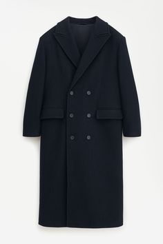 Black Double-breasted Wool Coat With Concealed Placket, Classic Black Oversized Wool Coat, Oversized Black Outerwear With Concealed Placket, Oversized Black Wool Pea Coat, Black Wool Peacoat With Notch Lapel, Black Wool Peacoat For Work, Black Oversized Structured Outerwear, Black Structured Wool Coat, Black Coat