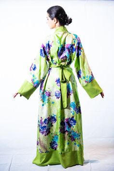 spring silk loungewear Fitted Green Spring Kimono, Green Silk V-neck Kimono, Fitted Long Green Kimono, Formal Satin Robe For Spring, Green Kimono Sleeve Dress For Spring, Green V-neck Kimono For Spring, Elegant Green Dress With Kimono Sleeves, Spring Wedding Green Kimono, Green Long Kimono For Wedding