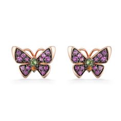 14K Strawberry Gold® (Rose Gold) Le Vian Aloha® Collection Butterfly Stud Earrings with 0.53 Carats (total weight) of Bubble Gum Pink Sapphire™, 0.06 Carats (total weight) of Forest Green Tsavorite™ and 0.03 Carats (total weight) of Spessartite Garnet. The earrings measure approximately 3/8" in length and 9/16" in width. Available exclusively at Na Hoku - Hawaii's Finest Jewelers Since 1924.