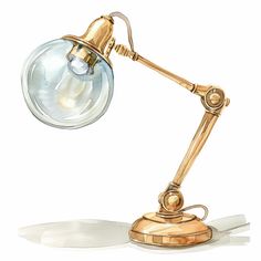 an antique brass desk lamp with a glass globe on the top and one light turned on