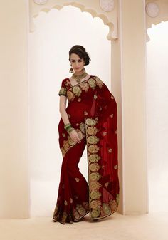 USD 94.47 Maroon Faux Georgette Wedding Saree  32449 Stylish Sarees, Work Sarees, The Perfect Wedding