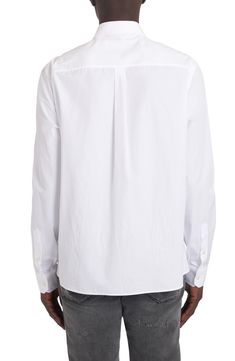 From the Italian label's 'essential' collection comes this crisp white cotton button-up in a slim Martini fit branded with an engraved logo at the chest pocket. 30 1/2" length; 44" chest (size 39) Front button closure Point collar Long sleeves with button cuffs Chest patch pocket 100% cotton Dry clean Made in Italy Men's Designer Clothing Classic Cotton Shirt With Functional Buttons, Classic Button-up Shirt With Functional Buttons, White Button-up Shirt With Concealed Placket, White Cotton Shirt With Concealed Placket, White Tops With Concealed Placket And Relaxed Fit, White Relaxed Fit Tops With Concealed Placket, White Cotton Dress Shirt With Button Cuffs, White Cotton Shirt With Button Closure, White Cotton Dress Shirt With Fold-down Collar