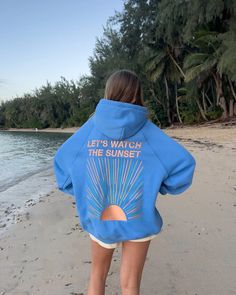 "Let's Watch the Sunset" Oversized Lux Hoodie in Blue Lets Watch The Sunset Hoodies, Blue Oversized Sweatshirt For Outdoor, Oversized Blue Sweatshirt For Outdoor Activities, Blue Hoodie Outfit, Sunset Watching, Sunset Hoodie, Pretty Sweatshirts, Beach Hoodie, Watch The Sunset