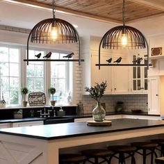 a kitchen with white cabinets, black counter tops and birds on the cages hanging from the ceiling