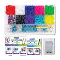 an assortment of different colored rubber bands in a plastic case with the package next to it