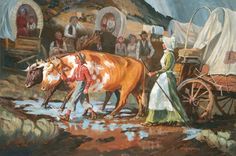 a painting of a man leading a cow in the water with people standing around him