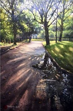 an oil painting of a tree lined road with puddles of water in the middle