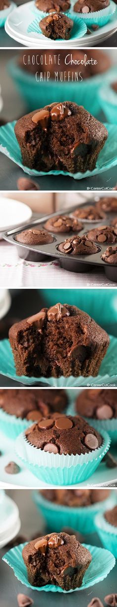 three different pictures of chocolate cake on plates