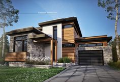 a rendering of a modern house with wood and stone accents on the front, along with two garages